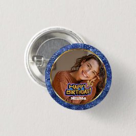Moderne Blaue & Goldene Glitter-Foto 16. Geburtsta Button