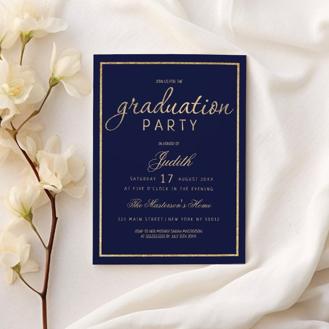 Moderne, blaue goldene Graduierungsparty Einladung (Modern navy blue gold elegant Graduation Party )
