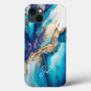 Moderne Blaue Goldmarmor-Monogramm-Personalisierun iPhone 13 Hülle