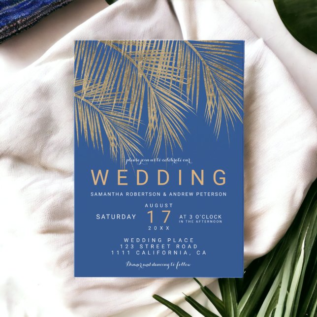 Moderne, blaue Goldpalme Einladung (Modern blue gold palm tree elegant wedding invitation)