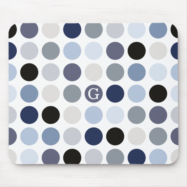 moderne blaue graue Punkte-Muster-Monogramm Mousepad (Vorne)