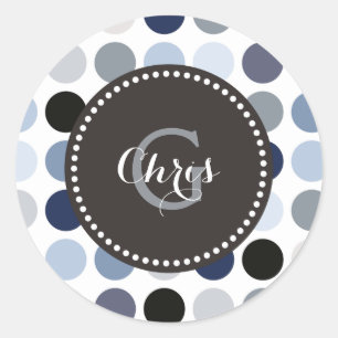 moderne blaue graue Punkte-Muster-Monogramm Runder Aufkleber