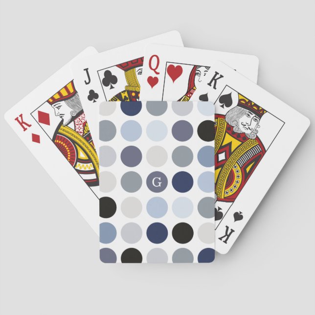 moderne blaue graue Punkte-Muster-Monogramm Spielkarten (Rückseite)