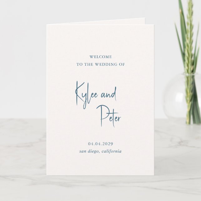 Moderne Blaue Handschrift Elegante Hochzeit Programm (Vorderseite)