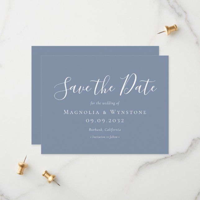 Moderne blaue Hochzeit spart das Datum Save The Date (Vorderseite/Rückseite Beispiel)