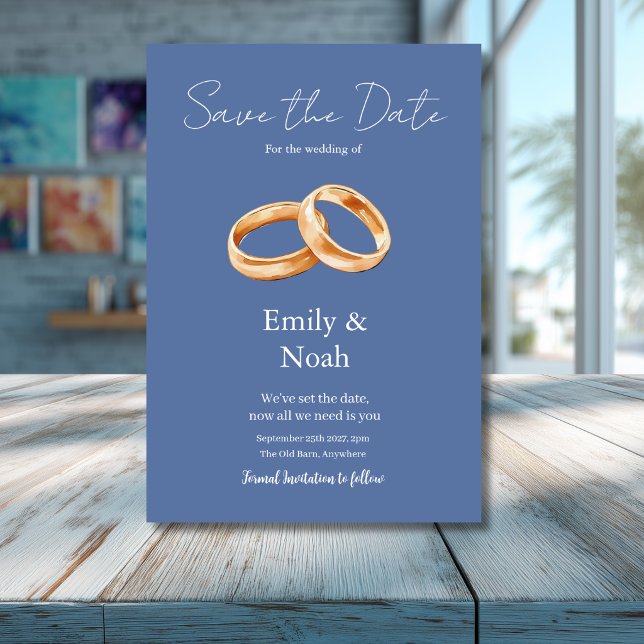 Moderne blaue Hochzeitsringe Save The Date Karte (Von Creator hochgeladen)