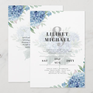 Moderne blaue Hortensien-Blumen-Hochzeitseinladung