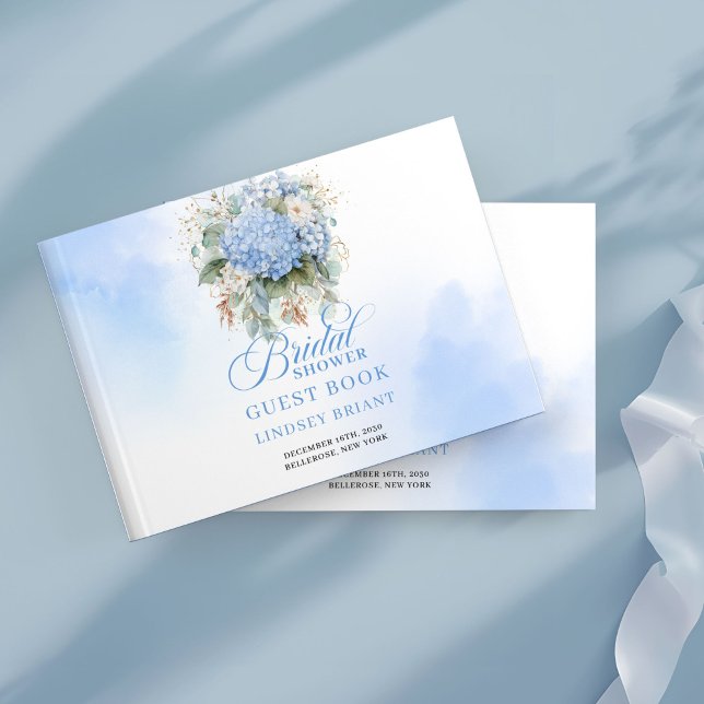 Moderne blaue Hortensien mit goldenem Rand Brautdu Gästebuch (Modern blue hydrangeas gold border bridal shower guest book

)