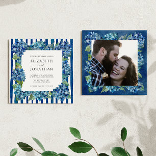 Moderne Blaue Hortensien Streifen Foto-Hochzeit Einladung
