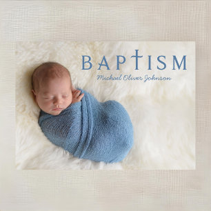 Moderne Blaue Jungen-Foto-Taufe Einladung