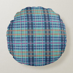 Moderne blaue Karo-Rundkissen - Vibrantes Tartan-M Rundes Kissen