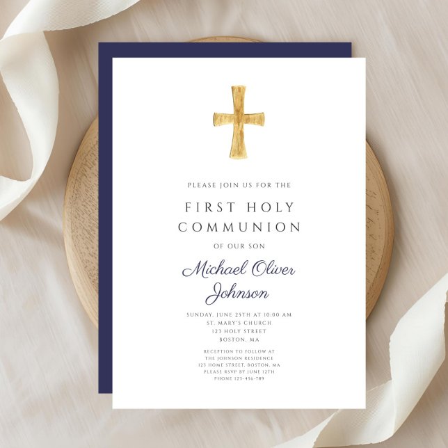 Moderne Blaue Kreuzung Erste Kommune Einladung (Modern Navy Blue Cross Boy First Communion Invitation)