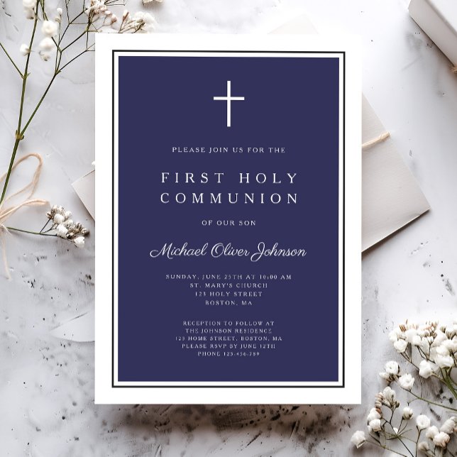 Moderne Blaue Kreuzung Erste Kommune Einladung (Modern Navy Blue Cross Boy First Communion Invitation)