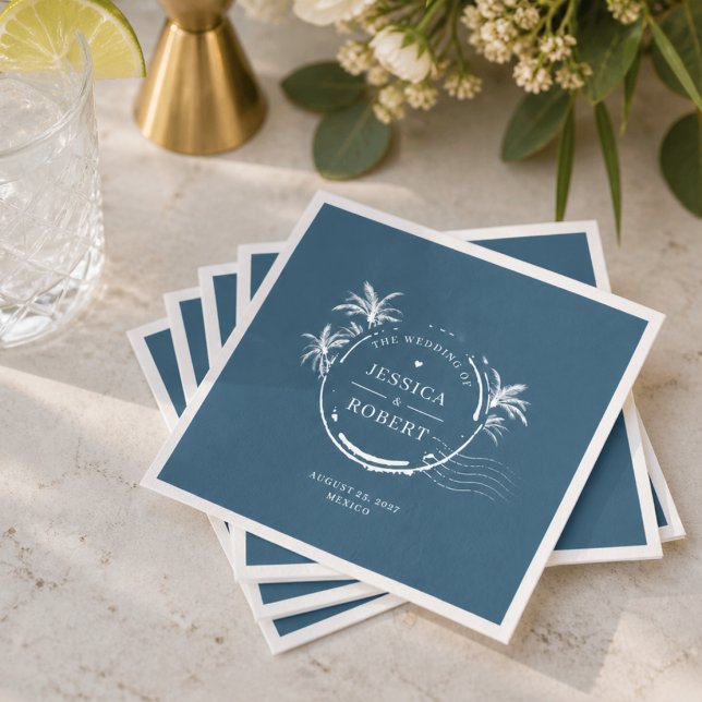Moderne Blaue Küsten-Stempel-Hochzeit Serviette (Von Creator hochgeladen)