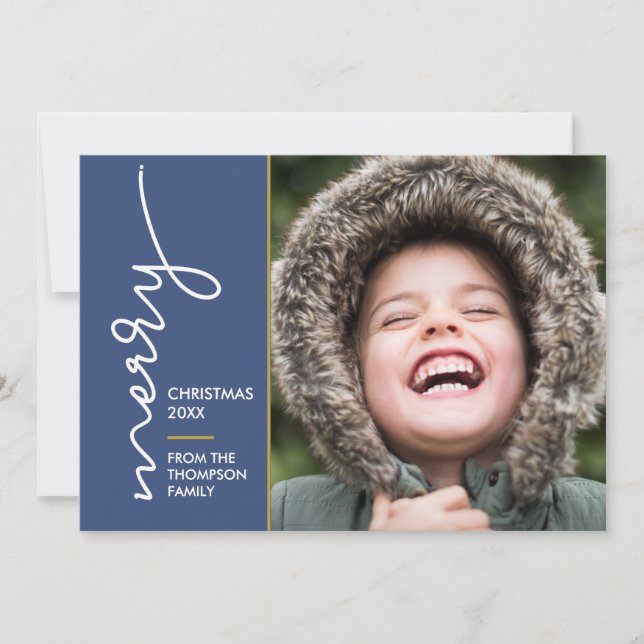 Moderne blaue Merry Christmas Script Fotokarte (Vorderseite)