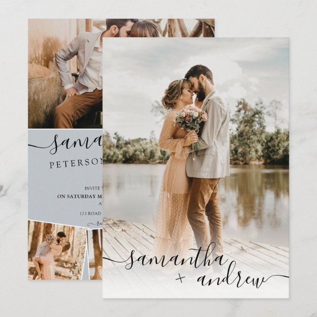 Moderne blaue minimalistische Drehbuch 5 Fotos Hoc Einladung (Vorne/Hinten)