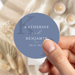 Moderne Blaue Monogramm-Minimalistische Hochzeit Runder Aufkleber
