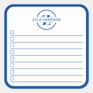 Moderne Blaue Monogramm-Name-To-Do-Liste Quadratischer Aufkleber