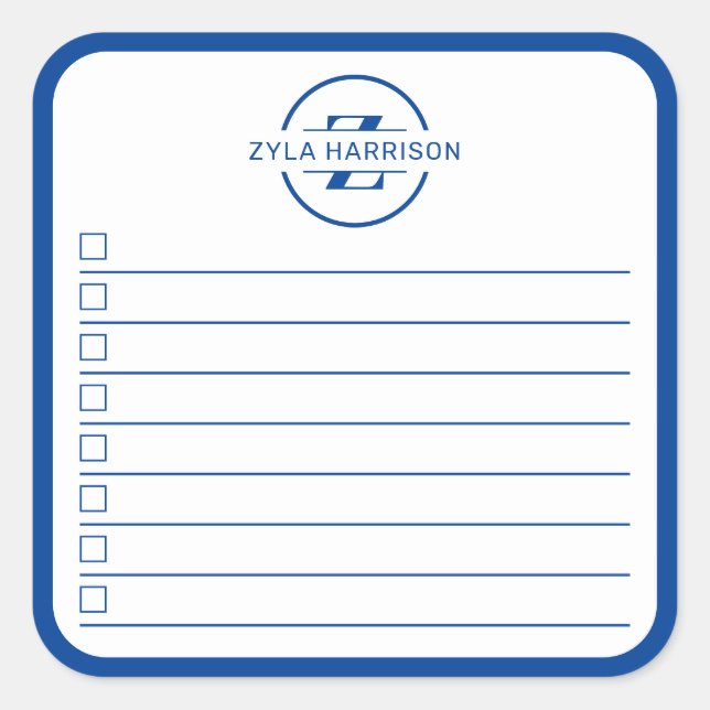 Moderne Blaue Monogramm-Name-To-Do-Liste Quadratischer Aufkleber (Vorderseite)