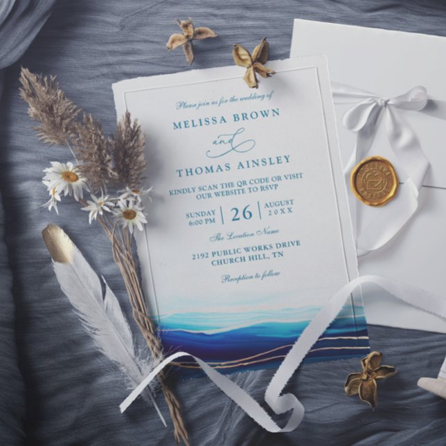 Moderne blaue Navy-Gold-Ozean-QR-Code-Hochzeit Einladung (Von Creator hochgeladen)