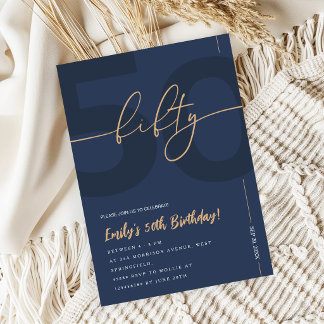 Moderne blaue Navy- & Goldene 50. Geburtstagseinla Einladung