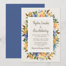 Moderne blaue orangebraune Blumenhochzeits-Einladu