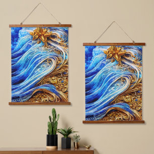 Moderne Blaue Ozeanwellen Wandteppich Mit Holzrahmen