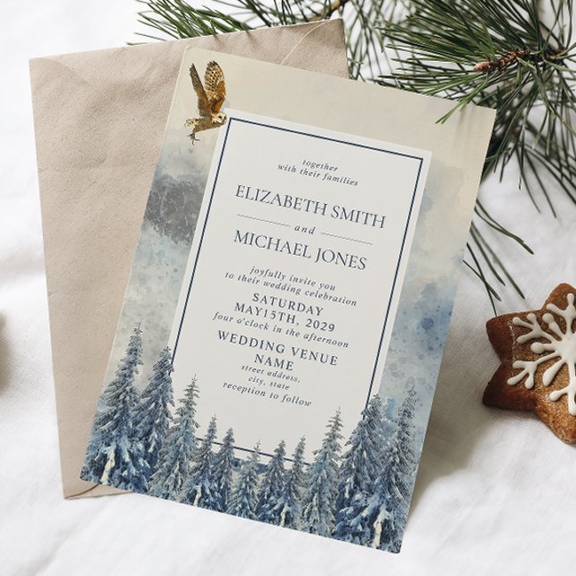 Moderne blaue Pine Trees Wasserfarbene Winterhochz Einladung (Winter Wedding Invitation)