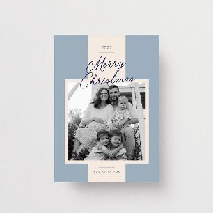 Moderne Blaue Preppy-Streifen-Familienfoto Weihnac Feiertagskarte