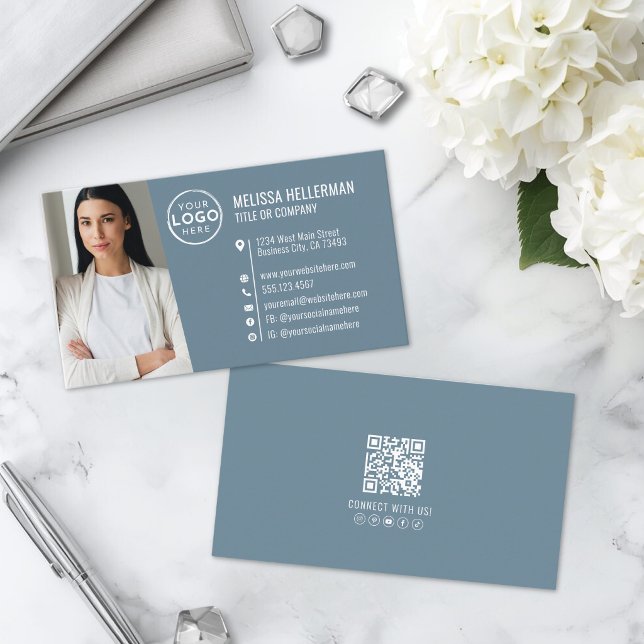 Moderne Blaue Professionelle QR-Code-Foto-Logo Visitenkarte (Modern Blue Professional QR Code Photo Logo Business Card )