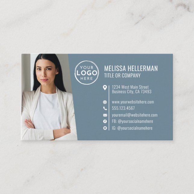 Moderne Blaue Professionelle QR-Code-Foto-Logo Visitenkarte (Vorderseite)