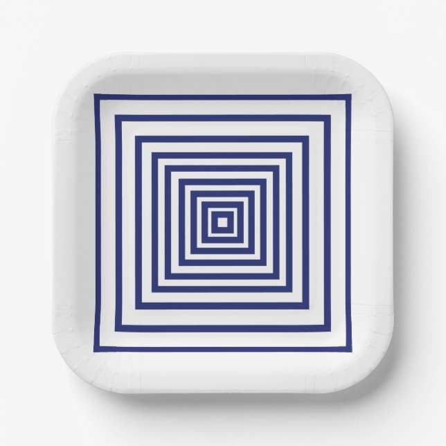 Moderne, blaue Quadrate mit geometrischem Muster Pappteller (Vorderseite)