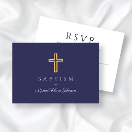 Moderne Blaue religiöse Cross Boy Taufe RSVP Karte