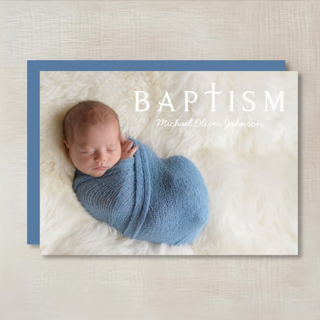Moderne Blaue religiöse Cross Foto Boy Taufe Einladung (Modern Blue Religious Cross Photo Boy Baptism Invitation)