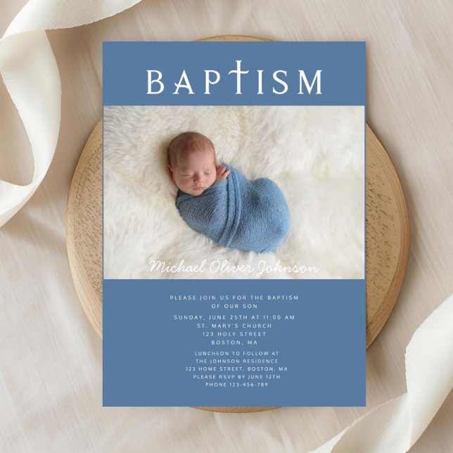 Moderne Blaue religiöse Cross Foto Boy Taufe Einladung (Modern Blue Religious Cross Photo Boy Baptism Invitation)