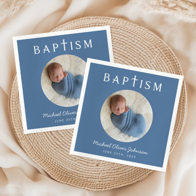 Moderne Blaue religiöse Cross Foto-Taufe Serviette (Modern Blue Religious Cross Photo Baptism Napkins)