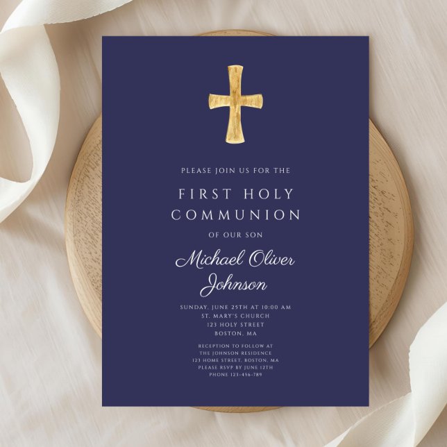 Moderne blaue religiöse junge Kommune Einladung (Modern Navy Blue Religious Boy First Communion Invitation)