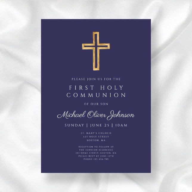 Moderne blaue religiöse junge Kommune Einladung (Modern Navy Blue Religious Boy First Communion Invitation)