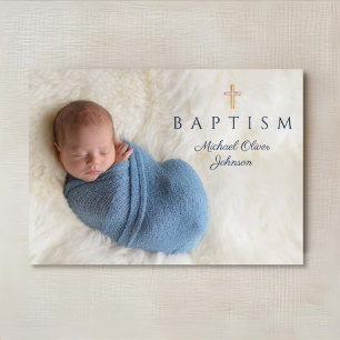 Moderne Blaue Religiöse Kreuz Jungen Tauf Foto Einladung