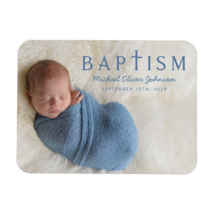 Moderne Blaue Religiöse Kreuz Jungen Tauf Foto Magnet