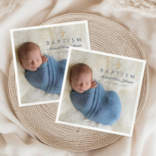 Moderne Blaue Religiöse Kreuz Jungen Tauf Foto Serviette