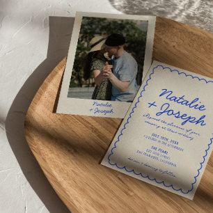 Moderne Blaue Retro-Spaß-Whimsical-Foto-Hochzeit Einladung
