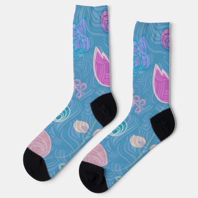 Moderne blaue rosa und violette Blumen Tulpe Socken (Linkes Detail)
