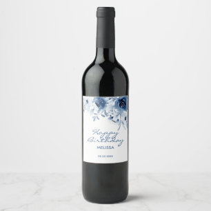 Moderne blaue Rose Blumengrün Geburtstag Weinetikett