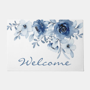 Moderne blaue Rose Blumengrün Willkommen Fußmatte