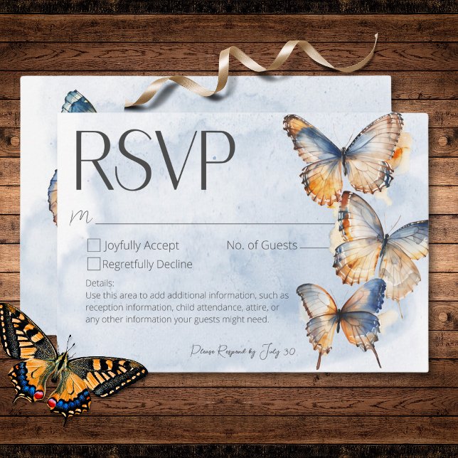 Moderne blaue Rost Wasserfarbenfrohe Schmetterling RSVP Karte (Modern Blue Rust Watercolor Butterflies No Dinner RSVP Card)