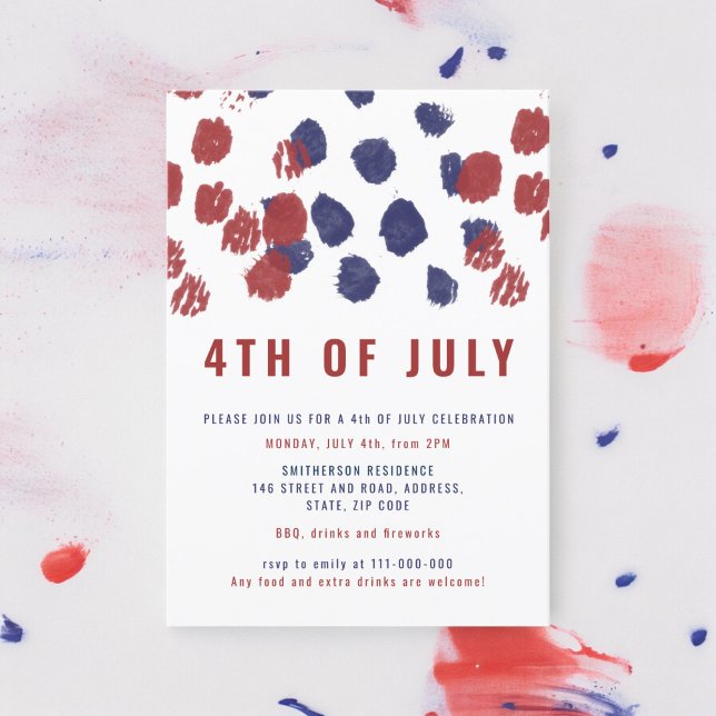 Moderne blaue rote Punkte Aquarell 4. Juli Einladung (Modern blue red dots watercolor 4th of July Invitation)