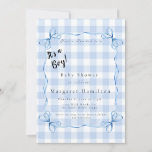 Moderne blaue Schleife Gingham Baby It's a Boy Dus Einladung