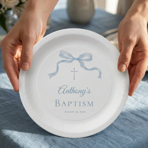 Moderne blaue Schleife Taufe Papierplatte Pappteller