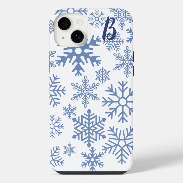 Moderne blaue Schneeflocken-Monogramm iPhone Hülle (Rückseite)